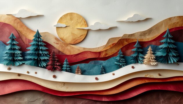 A tranquil winter scene created with layered paper cutouts, showing snowy hills, colorful fir trees, and a bright sun in the sky