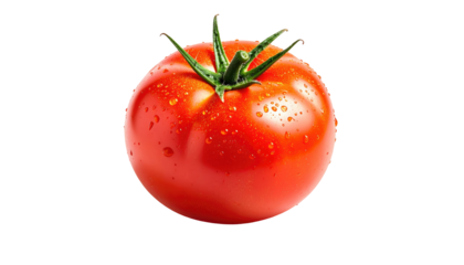 A vibrant red tomato glistens with water droplets, its green stem adding a natural touch on a black background