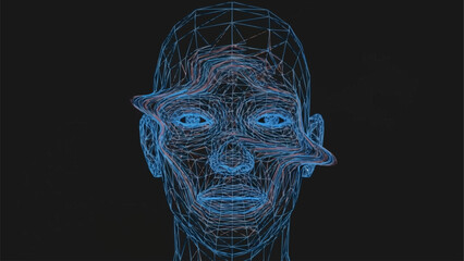 Digital representation of a human face with intricate wireframe structure and glowing eyes.