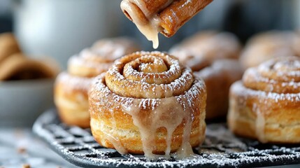 Close-up of freshly baked cinnamon rolls with icing being drizzled over them. The rolls are on a cooling rack, dusted with powdered sugar, and ready to eat. Foo