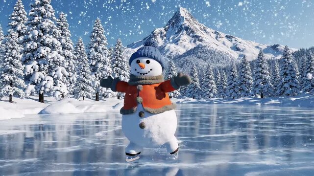 Cute Snowman Ice Skating on Crystal-Clear Frozen Lake &ndash; Idyllic Snowy Landscape with Pine Trees and Mountains &ndash; Winter Scene Background in High Definition, Stunning Quality