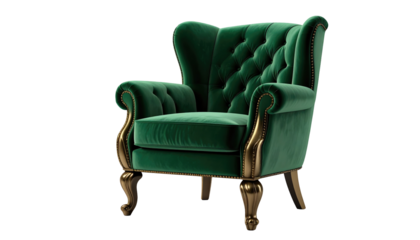 Green velvet wingback chair with carved wood detail, set against a black backdrop, exudes opulent elegance
