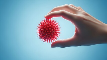 Conceptual image illustrating human hand holding spiky red virus particle