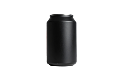 Black aluminum can with a simple, matte finish set against a stark black background