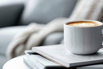 A white coffee cup with latte art sits on a stack of books, with a blurred sofa and blanket in the background. The scene evokes a sense of comfort and relaxatio