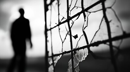 universalism. A broken glass pane with the blurred shadow of prison bars behind it. wellbeing guides, coaching materials, designed for mental health education and mindfulness programs.