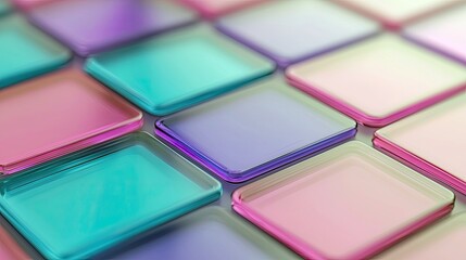 Close-up of a grid of colorful, translucent glass tiles, arranged in a pattern, with soft lighting and a blurred background.