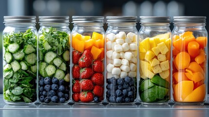 A close-up shot of six glass jars filled with a variety of fresh fruits and vegetables. The jars are arranged in a row, showcasing a colorful display of healthy