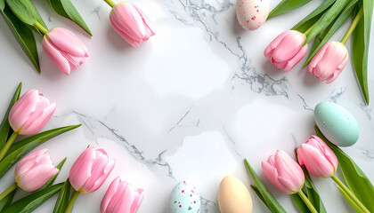 Spring Bloom & Easter Cheer: A collection of vibrant pink tulips and colorful Easter eggs is arranged on a marble surface. The scene captures the essence of spring. Generative AI.