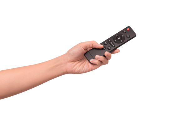 Hand holding remote control isolated on isolated on transparent PNG.	