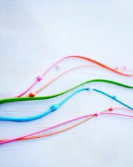 Abstract image featuring colorful lines with beads, flowing across a textured white background, creating a sense of movement and vibrancy.