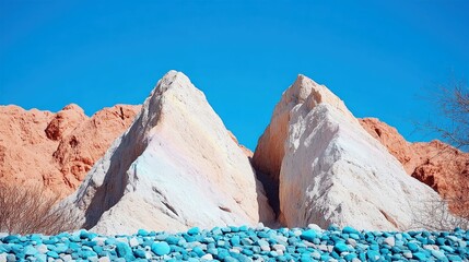 A scenic landscape featuring colorful rock formations under a clear blue sky. The image captures the natural beauty of the environment.