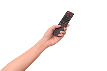Hand holding remote control isolated on isolated on transparent PNG.	