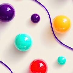An abstract image featuring several colorful spheres and a purple line against a cream-colored background. The spheres are different sizes and colors.
