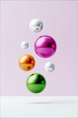 A collection of colorful spheres of different sizes floating in front of a pink background. The spheres are metallic and reflective.