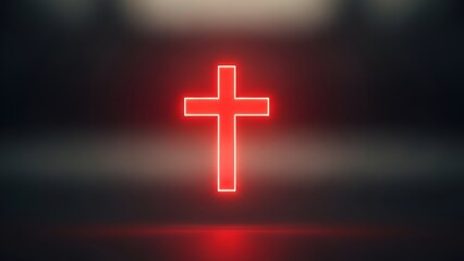 Fototapeta premium Glowing red cross against a dark background symbolizing faith and religion