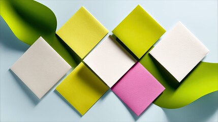 A studio shot featuring an arrangement of colorful square papers with green leaves on a light blue background. The composition is abstract and visually appealin