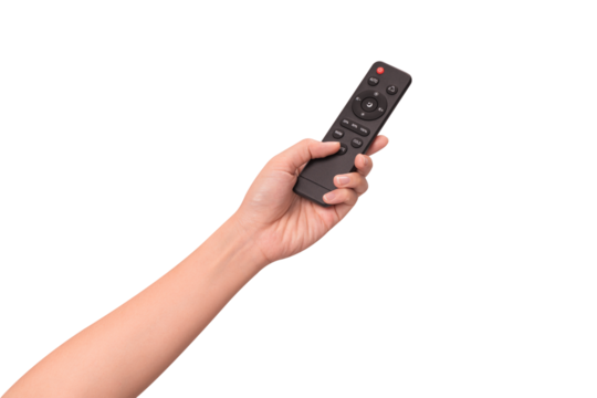 Hand holding remote control isolated on isolated on transparent PNG.	