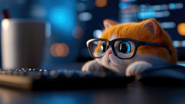 A cute orange cat wearing glasses is working on a computer, indoors with a blue-toned background and a mug. The cat is focused on the screen.