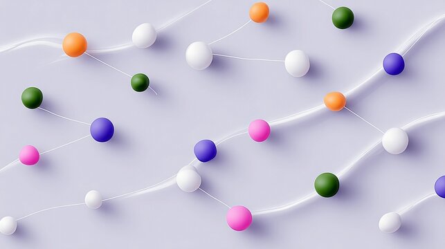 Abstract image of connected colorful spheres on a light purple background. The spheres are linked by white lines, creating a network or data flow.