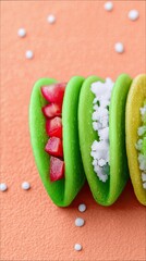 Close-up of colorful tacos with different fillings on an orange background. The tacos are green and yellow, and the fillings include red and white ingredients.