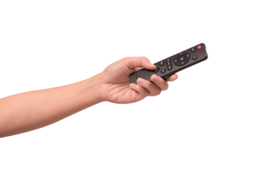Hand holding remote control isolated on isolated on transparent PNG.	