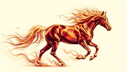 A Running Horse with Flowing Mane and Tail Made of Glowing Amber and Crimson Smoke on a Solid Cream White Background