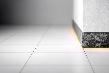 Close-up of a white wall corner with a textured stone base and white tiled floor. Soft lighting creates an abstract effect.