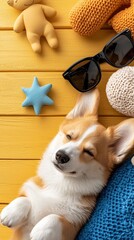 A cute corgi dog is lying down on a yellow wooden surface, surrounded by toys and sunglasses, looking relaxed and peaceful.