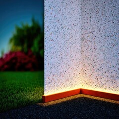 A corner wall with a textured surface, illuminated base, and blurred outdoor background with grass and trees.