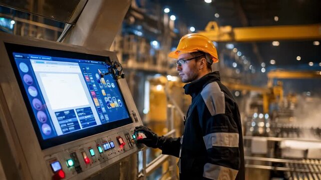 Operator configuring advanced automatic control panel with touchscreen interface overseeing fully automated foundry equipment and streamlined production.