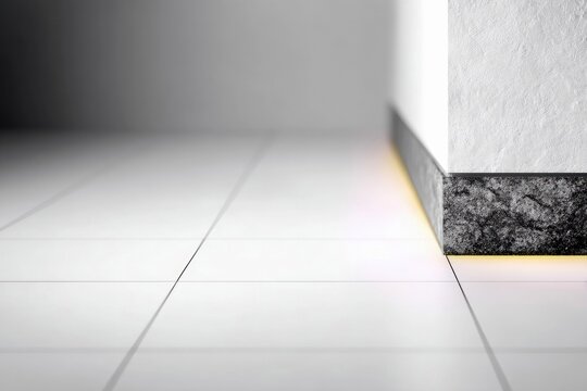Close-up of a white wall corner with a textured stone base and white tiled floor. Soft lighting creates an abstract effect. - Powered by Adobe