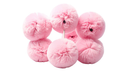 Arrangement of six pink, fluffy pom-poms, some stacked on top of each other, with small black dots