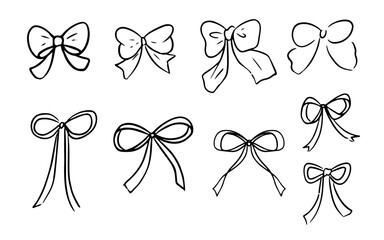 かわいい手書きのリボンのイラストセット　モノクロ