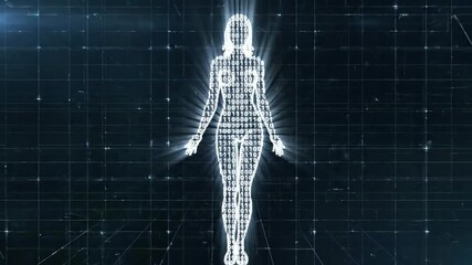 Human silhouette formed by binary code, radiating light, against a grid background - Powered by Adobe