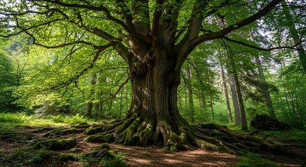 Naklejka premium Majestic old beech tree in a lush green forest landscape.