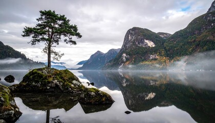 Serene lake reflects foggy mountains