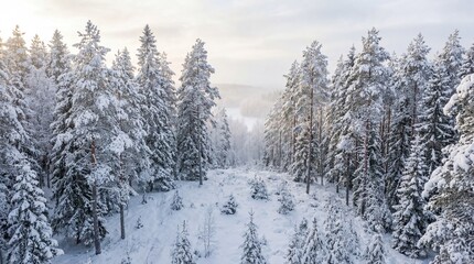 Obraz premium Serene Snow-Covered Coniferous Forest After Fresh Snowfall with Gentle Mist