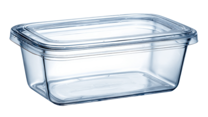 Rectangular transparent plastic food container with lid on a cutout background, ready for storage or transport