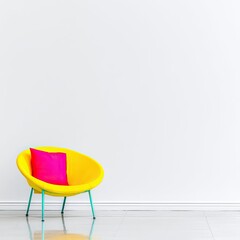 A modern yellow chair with a pink pillow sits against a white wall in a minimalist interior. The chair has teal legs, and the floor is tiled.