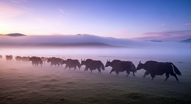 A herd of yaks walks across a grassy field at dawn, shrouded in mist, with a colorful sky in the background.
