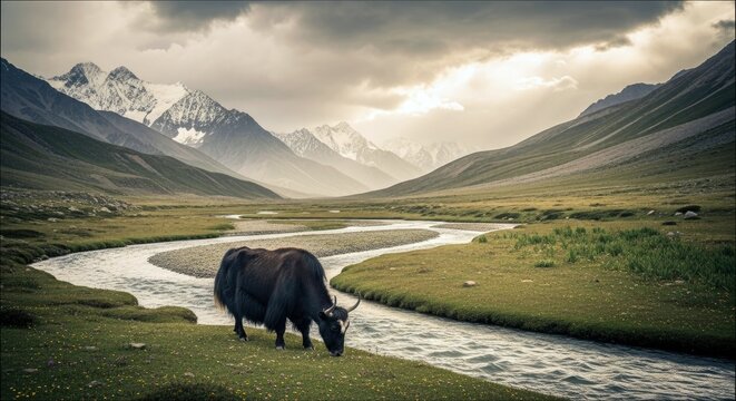 A black yak grazes on green grass next to a winding river in a mountain valley, under a cloudy sky.