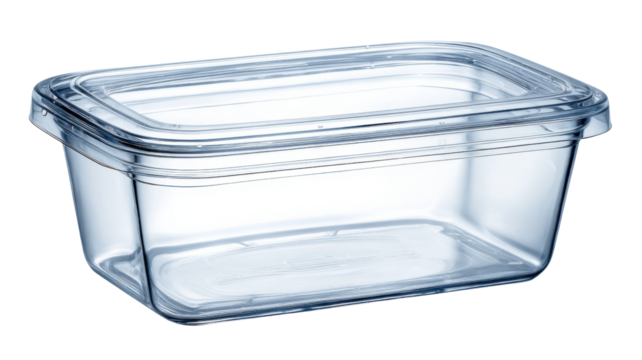 Rectangular transparent plastic food container with lid on a cutout background, ready for storage or transport