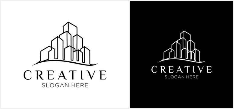 A creative logo template featuring a minimalist city skyline drawn with a single continuous line, shown on black and white backgrounds.