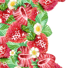 A curly semicircular template frame of juicy strawberries. A red summer berry wreath. Watercolor illustration. Copy space for design cosmetics, fruit snacks, marmalade, candies, chewing gum, menu