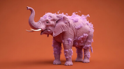  A Serene Elephant with Trunk Raised, Its Form Composed of Soft Pink and Lilac Colored Smoke on a Solid Terracotta Background
