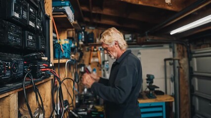 Technician performing detailed maintenance on a residential stamp machine inspecting mechanical parts and ensuring smooth operation in a home workshop.