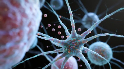 Microscopic view of a neuron with synaptic activity and surrounding cells