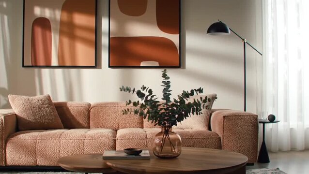 Living room with peach sofa, abstract art, and eucalyptus centerpiece