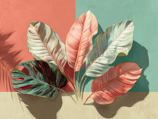 Creative flat lay pastel tropical leaves on geometric backgrounds realistic photo